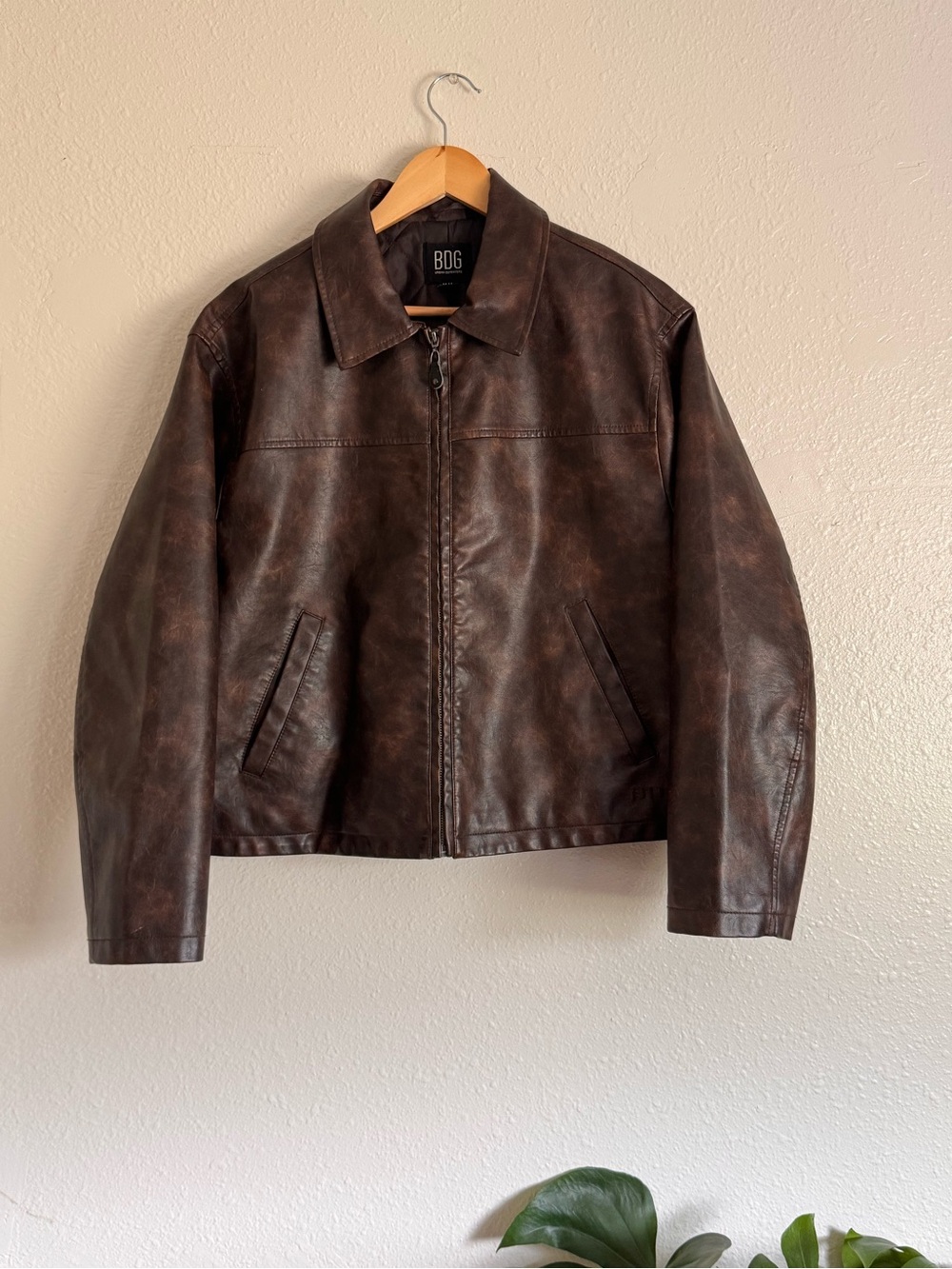 BDG Brown Faux Leather Jacket - Classic Zip Front